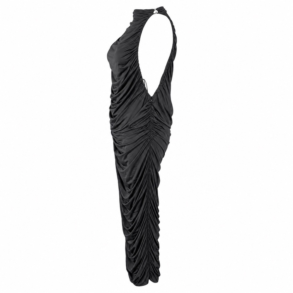 Akira Black Ruched High Neck Open Sides Maxi Dress Size 1X Bodycon Form Fitting